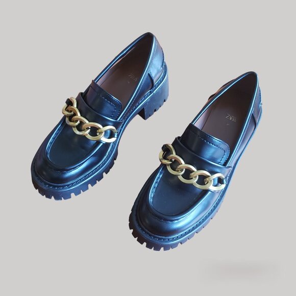 Woman's US-6 Zara Black Chunky Heeled Loafers - Picture 1 of 9